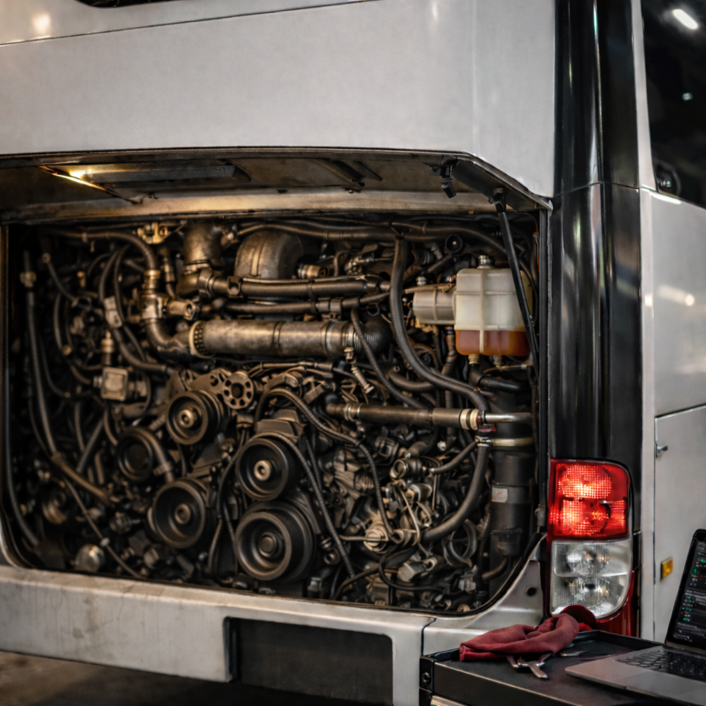 Charter bus mechanical repair in shop